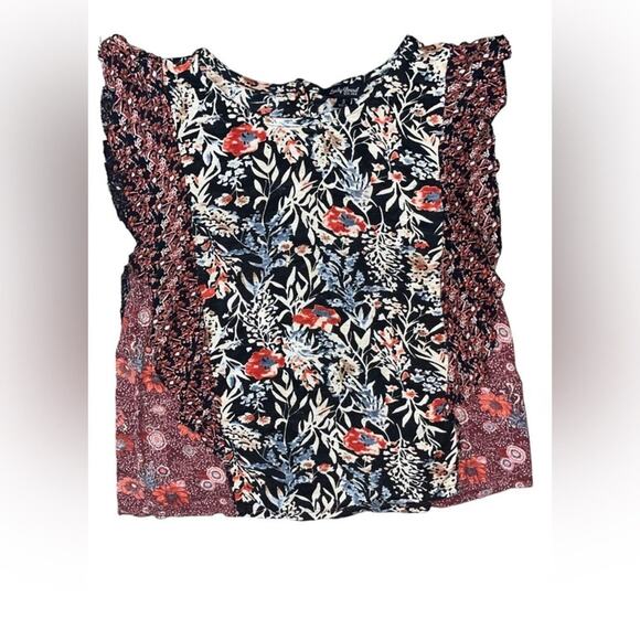 Lucky Brand Mixed Print Blouse Womens Size Small Back Button Ruffle Boho Chic - Picture 1 of 10